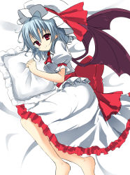 Rule 34 | 1girl, ascot, barefoot, bat wings, bed sheet, blouse, blue hair, bow, brooch, collared shirt, dress, frilled dress, frilled hat, frilled pillow, frilled shirt, frilled skirt, frilled sleeves, frills, hat, hat bow, hat ribbon, highres, jewelry, junior27016, large bow, looking at viewer, lying, mob cap, on side, pillow, pillow grab, pointy ears, puffy sleeves, red eyes, remilia scarlet, ribbon, shirt, short sleeves, skirt, skirt set, smile, solo, touhou, white dress, white hat, white skirt, wings