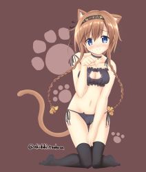 Rule 34 | 10s, 1girl, akitsuki tsukasa, animal ears, bad id, bad twitter id, bell, black bra, black panties, black thighhighs, blue eyes, bra, braid, breasts, cameltoe, cat ears, cat lingerie, cat tail, choker, cleavage, cleavage cutout, clothing cutout, hair ornament, highres, jingle bell, kantai collection, kemonomimi mode, light brown hair, looking at viewer, medium breasts, meme attire, navel, neck bell, off shoulder, panties, propeller hair ornament, side-tie panties, solo, strap slip, tail, teruzuki (kancolle), thigh gap, thighhighs, twin braids, underwear