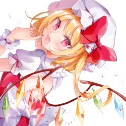 Rule 34 | 1girl, :d, backless outfit, blonde hair, blood, blush, bow, collared shirt, crystal, dutch angle, fang, flandre scarlet, frilled shirt collar, frills, hand up, hat, highres, long hair, looking at viewer, looking back, mob cap, moko (mokochisa), nail polish, one side up, open mouth, puffy short sleeves, puffy sleeves, red bow, red eyes, red nails, red vest, shirt, short sleeves, simple background, smile, solo, touhou, vest, white background, white bow, white hat, white shirt, wings, wrist cuffs