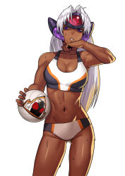 Rule 34 | 1girl, absurdres, ball, bikini, breasts, cessa, cleavage, collarbone, commentary, commission, dark-skinned female, dark skin, forehead protector, gluteal fold, grey hair, headgear, highres, holding, holding ball, kamen rider, kamen rider fourze, kamen rider fourze (series), large breasts, long hair, navel, purple eyes, solo, sports bikini, sportswear, sweat, swimsuit, t-elos, tankini, volleyball (object), volleyball uniform, white background, xenosaga, xenosaga episode iii