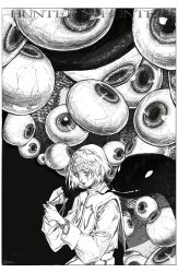 Rule 34 | 1boy, absurdres, border, chain, closed mouth, copyright name, crying, eyeball, greyscale, hands up, highres, hunter x hunter, jewelry, kurapika, llost, long sleeves, looking at hand, male focus, monochrome, ring, shirt, short hair, signature, simple background, snake, tabard, tears, tears from one eye, traditional media, upper body