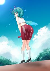 Rule 34 | 1girl, antennae, ass, ass focus, back, baton, bike shorts, black footwear, blush, cloud, commentary request, crop top, day, dutch angle, full body, green eyes, green hair, hair between eyes, heavy breathing, highres, holding, insect wings, leaning forward, looking at viewer, looking back, madara inosuke, nose blush, red shorts, relay baton, relay race, shoes, short hair, shorts, sky, sneakers, socks, solo, standing, sun, sweat, touhou, tree, white socks, wings, wriggle day, wriggle nightbug