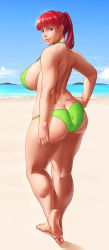Rule 34 | 1girl, ass, back, barefoot, beach, bikini, blue eyes, breasts, butt crack, curvy, curvy, day, dimples of venus, feet, green bikini, green nails, hand on own hip, highres, huge ass, huge breasts, impossible clothes, kairunoburogu, lips, long hair, looking back, mature female, nail polish, nose, original, plump, ponytail, red hair, sideboob, smile, soles, solo, strap gap, swimsuit, thick thighs, thighs, toes, trefoil, walking, wide hips