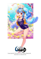 Rule 34 | 10s, 1girl, 2015, air bubble, blue hair, body writing, bubble, cloud, collarbone, copyright notice, ecell, flower, horns, looking at viewer, one-piece swimsuit, open mouth, outside border, petals, red eyes, school swimsuit, sheep, short hair, solo, standing, standing on one leg, swimsuit, unleashed