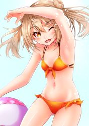 Rule 34 | ;d, absurdres, alternate costume, armpits, bare shoulders, bikini, commentary request, cowboy shot, double bun, highres, kantai collection, light brown hair, looking at viewer, makura (14600189), michishio (kancolle), midriff, navel, one eye closed, open mouth, orange bikini, short twintails, simple background, smile, solo, swimsuit, twintails, white background, yellow eyes