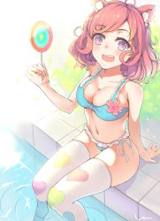 Rule 34 | 10s, 1girl, :d, ahoge, animal ears, arm support, bikini, blush, breasts, candy, cat ears, cleavage, food, frills, gujianshaonu, heart, heart print, kemonomimi mode, kofuku, lollipop, looking at viewer, navel, no shoes, noragami, open mouth, pink hair, pinky out, purple eyes, saliva, short hair, signature, sitting, smile, soaking feet, solo, swimsuit, thighhighs, white thighhighs