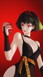Rule 34 | 1girl, blunt bangs, bob cut, gradient background, hairband, highres, holding, holding skull, inuyasha, red background, red lips, sakasagami no yura, short hair, simple background, skull, solo