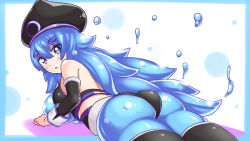 Rule 34 | 1girl, ass, bare shoulders, bikini, black bikini, black hat, blue eyes, blue hair, blue pantyhose, bodysuit, breasts, character request, cougar (cougar1404), from behind, hat, huge ass, long hair, looking at viewer, looking back, lying, on stomach, pantyhose, shiny clothes, shiny skin, sideboob, slime (substance), solo, strapless, swimsuit, thighhighs, tube top, very long hair, water