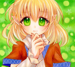 Rule 34 | 1girl, arm warmers, blonde hair, blush, brown shirt, closed mouth, commentary request, green background, green eyes, hair between eyes, highres, looking at viewer, mizuhashi parsee, pointy ears, scarf, shirt, short hair, solo, touhou, upper body, white scarf, yuuki hana (jtnp5334)