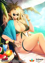 Rule 34 | 1girl, apple, bare shoulders, beach, bikini, black bikini, black nails, blonde hair, breasts, choker, cleavage, copyright name, curvy, day, drink, flower, food, fruit, glasses, green eyes, hair flower, hair ornament, huge breasts, jewelry, knee up, large breasts, long hair, looking at viewer, nail polish, navel, necklace, palm tree, pointy ears, ponytail, qurare magic library, sitting, smile, snowball22, solo, sunglasses, sunlight, swimsuit, tan, thick thighs, thigh strap, thighs, tree, umbrella, watermelon, wide hips, wristband