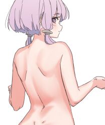 Rule 34 | 1girl, back, back focus, blush, closed mouth, completely nude, dimples of venus, from behind, hands up, highres, long hair, looking at viewer, looking back, nude, out-of-frame censoring, profile, purple eyes, purple hair, shade of trees, short hair with long locks, shoulder blades, sidelocks, simple background, solo, upper body, vocaloid, voiceroid, w arms, white background, yuzuki yukari