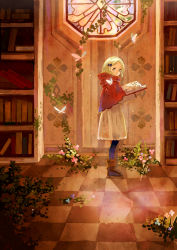 Rule 34 | 1girl, black pantyhose, blonde hair, book, bookshelf, boots, bow, bug, butterfly, capelet, dress, flower, green eyes, hair bow, insect, kotetsu (popeethe), long sleeves, looking at viewer, original, overgrown, pantyhose, solo, stained glass