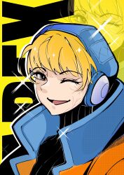 Rule 34 | 1girl, absurdres, animification, apex legends, black eyes, black sweater, blonde hair, blue headwear, copyright name, highres, jacket, looking at viewer, niu te mianbao ren, one eye closed, open mouth, orange jacket, portrait, ribbed sweater, smile, solo, sweater, wattson (apex legends), yellow background