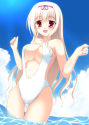 Rule 34 | 1girl, blonde hair, breasts, cameltoe, casual one-piece swimsuit, cleavage cutout, clothing cutout, criss-cross halter, hairband, halterneck, halterneck, heart, highres, large breasts, long hair, nora (otome70121), one-piece swimsuit, original, red eyes, solo, swimsuit, thigh gap, underboob