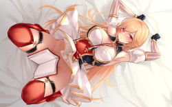 Rule 34 | 1girl, armpits, azur lane, black gloves, blonde hair, blush, book, breasts, cleavage, cleavage cutout, closed mouth, clothes lift, clothing cutout, convenient censoring, detached sleeves, fleur-de-lis, gloves, hair between eyes, highres, large breasts, long hair, looking at viewer, lying, maltese cross, no panties, on back, open book, osisio, red eyes, red legwear, richelieu (azur lane), royal navy emblem (azur lane), skirt, skirt lift, thigh strap, thighs, white skirt