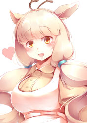 Rule 34 | 10s, 1girl, :d, absurdres, animal ears, blunt bangs, blush, breasts, collared shirt, dress, goat ears, highres, horns, kanzakietc, kemono friends, large breasts, long hair, looking at viewer, low twintails, markhor (kemono friends), open mouth, pink hair, shirt, simple background, smile, solo, twintails, upper body, vest, white background