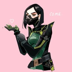 Rule 34 | 1girl, animification, black hair, blush, bodysuit, breasts, eclipsingart, frown, gloves, green bodysuit, green eyes, green gloves, hair behind ear, heart, highres, looking at viewer, mask, pink background, poison, respirator, short hair, simple background, solo, valorant, viper (valorant)