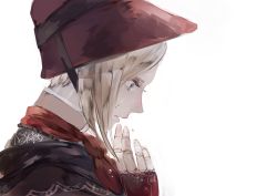 Rule 34 | 1girl, blonde hair, bloodborne, bonnet, commentary request, crying, crying with eyes open, doll joints, from side, joints, looking down, plain doll, portrait, profile, red headwear, red scarf, scarf, short hair, simple background, solo, syokuuuuuuuuumura, tears, white background
