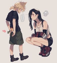 Rule 34 | ..., 1boy, 1girl, 234 (1234!), ?, aged down, arms behind back, arrow (symbol), asymmetrical bangs, bare legs, black footwear, black hair, black shirt, blonde hair, blush, boots, breasts, cloud strife, collarbone, crop top, cross-laced footwear, crossed arms, earrings, elbow pads, embarrassed, final fantasy, final fantasy vii, fingerless gloves, flower, full body, gloves, highres, holding, holding behind back, jewelry, long hair, looking at another, looking down, medium breasts, midriff, miniskirt, red eyes, red footwear, red gloves, shirt, short hair, short ponytail, short sleeves, shorts, skirt, sleeveless, speech bubble, spiked hair, spoken ellipsis, spoken question mark, squatting, standing, straight hair, suspender skirt, suspenders, sweatdrop, t-shirt, tifa lockhart