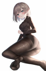 Rule 34 | 1girl, ass, bad id, bad pixiv id, black panties, black sweater, blue eyes, breasts, brown hair, brown pantyhose, feet, fine fabric emphasis, from behind, highres, hinaki (hinaki 0102), large breasts, long sleeves, looking at viewer, looking back, no shoes, original, panties, panties under pantyhose, pantyhose, parted lips, ribbed sweater, short hair, simple background, sitting, solo, sweater, thighband pantyhose, thighs, underwear, white background, yokozuwari