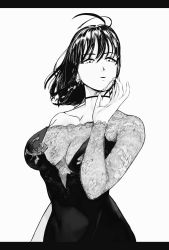 Rule 34 | 1girl, absurdres, bare shoulders, breasts, choker, cleavage, collarbone, earrings, fubuki (one-punch man), highres, jewelry, large breasts, monochrome, one-punch man, see-through, short hair