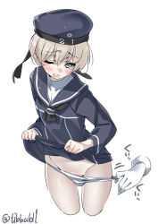 Rule 34 | 10s, 1girl, ascot, bad id, bad twitter id, blue eyes, blush, brown hair, character name, clothes lift, cowboy shot, cropped legs, dress, dress lift, ebifurya, groin, hair between eyes, hat, highres, inactive account, kantai collection, lifting own clothes, long sleeves, motion lines, one eye closed, open mouth, pale skin, panties, panty pull, pulling another&#039;s clothes, sailor dress, sailor hat, short hair, simple background, solo, solo focus, tears, twitter username, underwear, white background, white panties, z1 leberecht maass (kancolle)