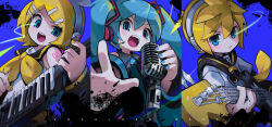 Rule 34 | 1boy, 2girls, absurdres, bass clef, black sailor collar, blonde hair, blue eyes, blue hair, blue nails, brother and sister, closed mouth, commentary, english commentary, fingernails, foreshortening, guitar, hair between eyes, hair ornament, hairclip, hatsune miku, headphones, highres, instrument, kagamine len, kagamine rin, keytar, looking at viewer, microphone, morizo (morizoshop), multiple girls, music, musical note, musical note print, nail polish, neckerchief, number tattoo, open mouth, outstretched arm, playing instrument, reaching, reaching towards viewer, sailor collar, school uniform, serafuku, shirt, shoulder tattoo, siblings, tattoo, teeth, treble clef, twintails, upper teeth only, v-shaped eyebrows, vocaloid, white shirt, yellow nails, yellow neckerchief