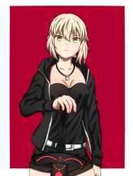 Rule 34 | 1girl, aeris xiii, artoria pendragon (all), artoria pendragon (fate), belt, black shorts, blonde hair, border, breasts, cowboy shot, excalibur morgan (fate), fate/grand order, fate (series), hair between eyes, jacket, saber alter (ver. shinjuku 1999) (fate), jewelry, looking at viewer, necklace, necktie, official alternate costume, planted, planted sword, planted weapon, red background, saber alter, short hair, shorts, small breasts, solo, sword, weapon, white belt, white border, yellow eyes