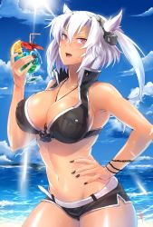 Rule 34 | 10s, 1girl, anchor, armpits, belt, bikini, blush, breasts, cleavage, cloud, cloudy sky, collarbone, cowboy shot, dark skin, dark-skinned female, day, denim, denim shorts, drink, drinking straw, eyewear on head, groin, headgear, highres, jewelry, kantai collection, large breasts, looking at viewer, musashi (kancolle), nail polish, navel, necklace, no eyewear, non (nonzile), open mouth, outdoors, red eyes, short shorts, shorts, sky, solo, sunlight, swimsuit, water, wet, white hair