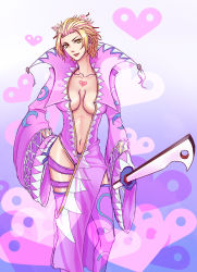 Rule 34 | 00s, 1girl, asymmetrical clothes, blonde hair, breasts, center opening, chest tattoo, cleavage, coat, final fantasy, final fantasy x, final fantasy x-2, full body, gloves, heart, heart background, heart tattoo, large breasts, leblanc, leblanc (ff10), nui (chiyoko0629), pink thighhighs, short hair, solo, tattoo, thighhighs, yellow eyes