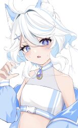 Rule 34 | 1girl, ahoge, alternate costume, animal ears, bare shoulders, belly, blue eyes, blue gemstone, blue hair, blue jacket, blue nails, crop top, flat chest, furina (genshin impact), gem, genshin impact, hair ornament, heterochromia, highres, jacket, jacket partially removed, light blue hair, looking at viewer, multicolored hair, open mouth, puffy sleeves, rinmel9, shirt, short hair, simple background, sleeveless, sleeveless shirt, solo, streaked hair, upper body, white background, white hair, white shirt, x hair ornament