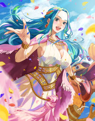 Rule 34 | 1girl, bare shoulders, bird, blue eyes, blue hair, blue nails, blue sky, bracelet, breasts, cape, cleavage, cloud, cloudy sky, day, dress, duck, earrings, falling petals, gold bracelet, hair ornament, hand up, jewelry, karoo (one piece), large breasts, long hair, looking at viewer, moroi, nefertari vivi, one piece, open hands, open mouth, outdoors, parted bangs, petals, pink cape, ring, sky, smile, teeth, upper teeth only, white dress