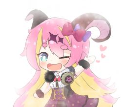 Rule 34 | 1girl, ;d, arm up, blonde hair, blush, bow, chibi, collared shirt, commentary, curled horns, english commentary, fang, green eyes, hair bow, headphones, headphones around neck, heart, high-waist skirt, hololive, horns, kurotofu, layered skirt, long hair, mano aloe, multicolored hair, one eye closed, open mouth, pentagram, pink hair, purple bow, purple skirt, red bow, shirt, short eyebrows, simple background, skirt, sleeveless, sleeveless shirt, smile, solo, streaked hair, thick eyebrows, two-tone hair, very long hair, virtual youtuber, white background, white shirt
