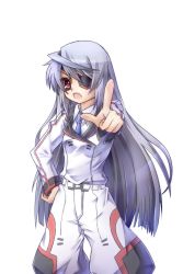 Rule 34 | 10s, 1girl, bad id, bad pixiv id, belt, eyepatch, hand on own hip, highres, hip focus, infinite stratos, jodhpurs, laura bodewig, long hair, open mouth, pants, pink eyes, pointing, satoutakahumi, silver hair, simple background, solo, uniform, white background