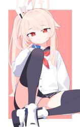 Rule 34 | 1girl, ahoge, black sailor collar, black skirt, black thighhighs, blue archive, border, buttons, commentary, dot nose, drink, drinking, drinking straw, drinking straw in mouth, hair flaps, hair ornament, halo, hand up, highres, holding, holding drink, jacket, juice box, legs, light blush, long hair, long sleeves, looking at viewer, mabera, miniskirt, natsu (blue archive), neckerchief, on floor, panties, pantyshot, pink background, pink hair, pleated skirt, red eyes, red neckerchief, sailor collar, serious, side ponytail, sidelocks, simple background, sitting, skirt, solo, thighhighs, thighs, underwear, upskirt, white border, white footwear, white jacket, white panties