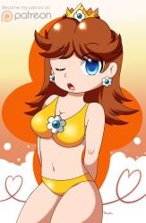 Rule 34 | 1girl, arms behind back, bikini, blue eyes, breasts, brown hair, cleavage, crown, earrings, eyes visible through hair, floral background, flower, flower earrings, highres, jewelry, large breasts, long hair, looking at viewer, mario (series), multicolored background, navel, nintendo, one eye closed, open mouth, orange background, pokumii, princess, princess daisy, standing, super mario bros. 1, super mario land, swimsuit, teeth, thighs, tomboy, white background, wink, yellow background, yellow bikini