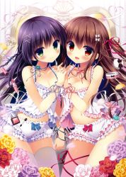 Rule 34 | 2girls, :d, absurdres, bare arms, bare shoulders, black hair, blush, braid, breasts, brown eyes, brown hair, camisole, choker, cleavage, collarbone, flower, frilled panties, frills, green eyes, hair ornament, hair ribbon, hair tie, highres, holding hands, interlocked fingers, large breasts, lipstick, long hair, looking at viewer, makeup, midriff, mirror, multiple girls, nail polish bottle, navel, open mouth, original, panties, ribbon, ribbon choker, sasai saji, scan, shiny skin, side braid, smile, thighhighs, underwear, underwear only, white legwear, white panties