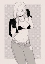 Rule 34 | 1girl, absurdres, alternate hair length, alternate hairstyle, android 18, bead necklace, beads, belt, bikini, breasts, commentary, denim, dragon ball, dragonball z, english commentary, gloves, greyscale, groin, highres, jeans, jewelry, large breasts, micro bikini, monochrome, navel, necklace, pants, pink mousse, signature, smile, solo, swimsuit