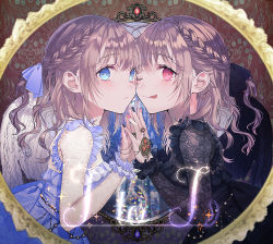 Rule 34 | 2girls, album cover, black dress, black ribbon, blue dress, blue eyes, blue ribbon, braid, brown hair, cover, crown braid, dress, fang, from side, haduki tohru, hair behind ear, hair ribbon, highres, holding hands, jewelry, long hair, looking at viewer, multiple girls, one eye closed, original, pink eyes, ribbon, ring, skin fang, smile, tongue, tongue out