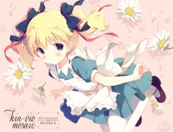 Rule 34 | 10s, 1girl, alice cartelet, apron, blonde hair, blue eyes, blush, bow, copyright name, flower, hair bow, hair ribbon, kin-iro mosaic, looking at viewer, mary janes, pantyhose, pink background, ribbon, shiratama (shiratamaco), shoes, short hair, short sleeves, simple background, solo, twintails, white pantyhose