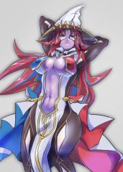 Rule 34 | 1girl, arms behind head, beyond the pendulum, blue eyes, blue hair, bodysuit, breasts, cleavage, comic hand, covered navel, duel monster, exceed the pendulum, gloves, hat, large breasts, long hair, long sleeves, mask, mouth mask, multicolored eyes, multicolored hair, ninja mask, pelvic curtain, red eyes, red hair, simple background, solo, streaked hair, white background, witch hat, yu-gi-oh!