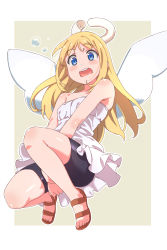 Rule 34 | 1other, angel, angel wings, bare shoulders, between legs, bike shorts, black shorts, blonde hair, blue eyes, blush, broken halo, covering privates, covering crotch, crimvael, dress, embarrassed, halo, hand between legs, highres, ishuzoku reviewers, karahai (31448823), long hair, looking at viewer, open mouth, other focus, round teeth, sandals, shorts, shorts under dress, strapless, strapless dress, teeth, upper teeth only, white dress, white wings, wings