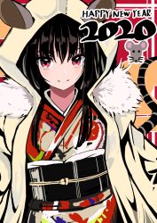 Rule 34 | 1girl, 2020, animal ears, black hair, chinese zodiac, commentary request, eyebrows hidden by hair, fur trim, hair between eyes, happy new year, hinomaru (futagun), hood, hood up, japanese clothes, kimono, long hair, looking at viewer, mouse ears, mouse girl, mouse tail, nengajou, new year, obi, open clothes, original, parted lips, red eyes, red kimono, sash, solo, tail, upper body, year of the rat