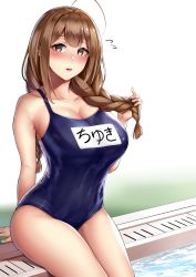 Rule 34 | 1girl, 3104 (3104milkshake), ahoge, arm support, bare shoulders, blue one-piece swimsuit, blush, braid, breasts, brown eyes, brown hair, character name, cleavage, collarbone, flying sweatdrops, hair over shoulder, highres, holding, holding own hair, idolmaster, idolmaster shiny colors, kuwayama chiyuki, large breasts, long braid, long hair, looking at viewer, name tag, one-piece swimsuit, open mouth, poolside, school swimsuit, single braid, sitting, smile, soaking feet, solo, swimsuit