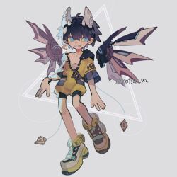 Rule 34 | 1boy, artist name, black hair, blue eyes, bodysuit, colored sclera, detached wings, earrings, full body, grey background, grin, hair between eyes, highres, hood, hood down, hooded bodysuit, horns, jewelry, looking at viewer, male focus, mechanical wings, multiple horns, multiple tails, no pupils, no shirt, onotsuki w2, original, partially unzipped, shoes, short hair, short sleeves, single earring, smile, sneakers, solo, standing, standing on one leg, tail, triangle, twitter username, two tails, wings, yellow bodysuit, yellow sclera, zipper pull tab