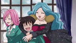 Rule 34 | 1boy, 2girls, ahoge, akashiya moka, animated, animated gif, aono tsukune, arm around neck, black coat, black hair, bouncing breasts, breast awe, breasts, cleavage, close-up, coat, cross, cross necklace, dress, closed eyes, fur collar, head on chest, indoors, jewelry, kurono ageha, looking at breasts, mature female, multiple girls, necklace, red dress, rosario+vampire, school uniform, tagme