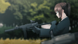 Rule 34 | 1girl, black gloves, black jacket, blue eyes, blurry, blurry background, blurry foreground, brown hair, closed mouth, from side, gloves, gun, highres, holding, holding gun, holding weapon, houtinti, jacket, long sleeves, original, outdoors, ponytail, profile, sidelocks, solo, suppressor, weapon, weapon request