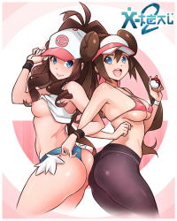 Rule 34 | 10s, 2girls, ass, ass-to-ass, baseball cap, bikini, bikini top only, black legwear, blue eyes, blush, breasts, brown hair, covered erect nipples, creatures (company), denim, denim shorts, double bun, game freak, hair bun, hat, highres, hilda (pokemon), huge ass, locked arms, long hair, looking at viewer, micro bikini, micro bikini top, multiple girls, nintendo, nipples, open mouth, panties, panties under pantyhose, pantyhose, poke ball, pokemon, pokemon bw, pokemon bw2, ponytail, rosa (pokemon), short shorts, shorts, simple background, small breasts, smile, swimsuit, thick thighs, thighs, thong, twintails, underboob, underwear, visor cap, wide hips, wristband, x-t3al