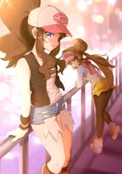 Rule 34 | 2girls, ankea (a-ramo-do), black footwear, black legwear, blue eyes, blue shorts, blue sleeves, blurry, blurry background, boots, brown hair, creatures (company), crossed arms, denim, denim shorts, double bun, game freak, grin, hair bun, hat, high ponytail, highres, hilda (pokemon), knee boots, leaning forward, lens flare, long hair, long sleeves, looking at viewer, multiple girls, nintendo, outdoors, pantyhose, poke ball print, pokemon, pokemon bw, pokemon bw2, print headwear, rosa (pokemon), shirt, short shorts, shorts, sleeveless, sleeveless shirt, smile, standing, torn clothes, torn shorts, twintails, very long hair, white headwear, white shirt, wristband, yellow shorts