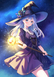 1girl artist_name black_dress black_hat black_jacket blue_eyes blue_hair closed_mouth commentary dress english_commentary hat holding holding_staff jacket long_hair night night_sky open_clothes open_jacket original sebu_illust short_sleeves sky smile solo staff star_(sky) starry_sky watermark witch_hat